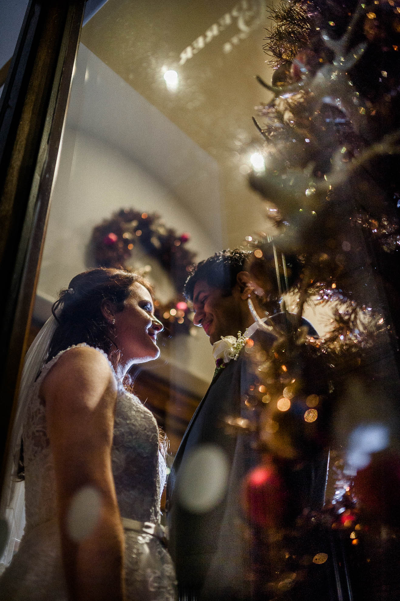 Newlyweds portrait by christmas tree