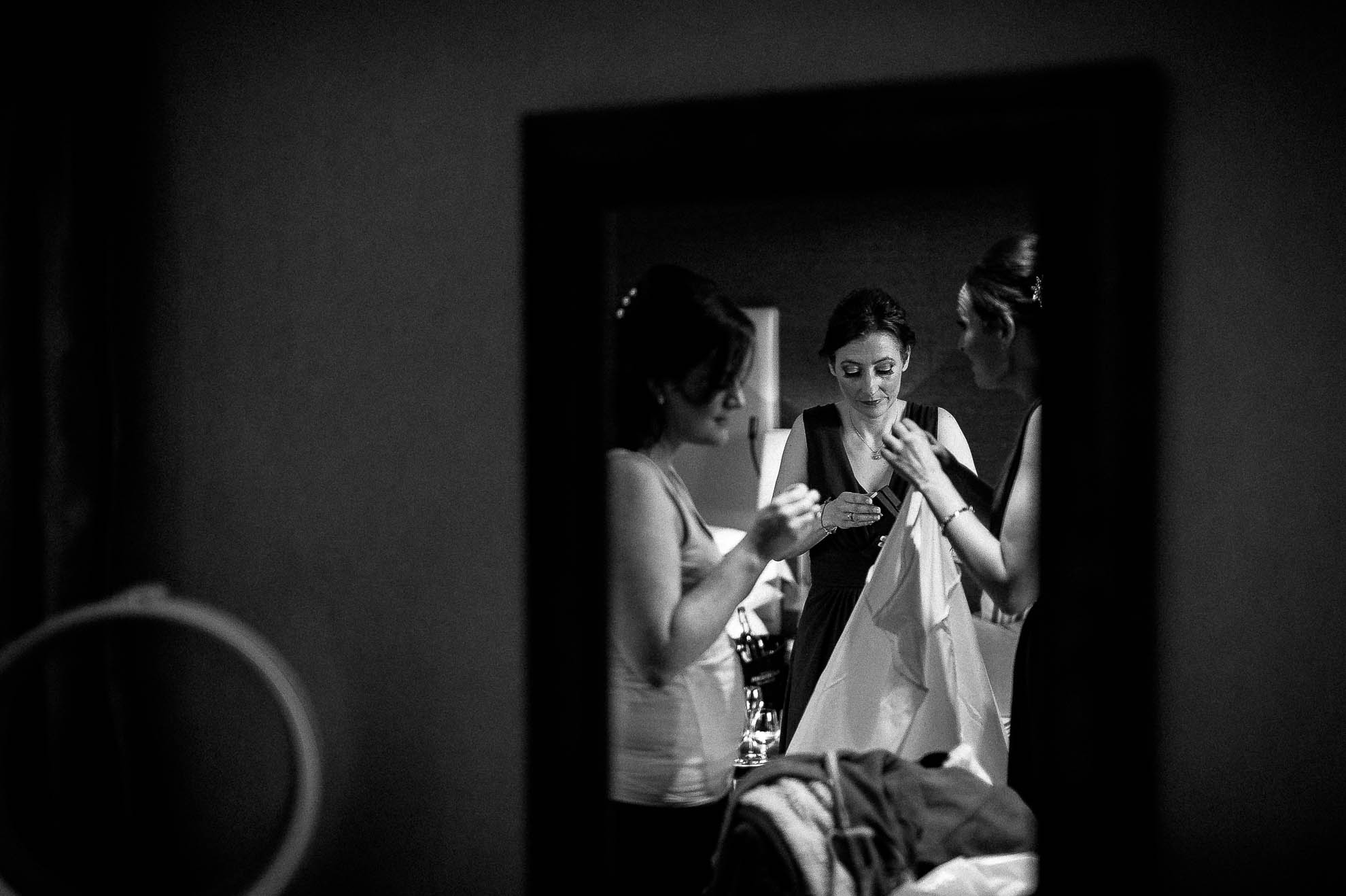 Bride and bridesmaids reflection in mirror