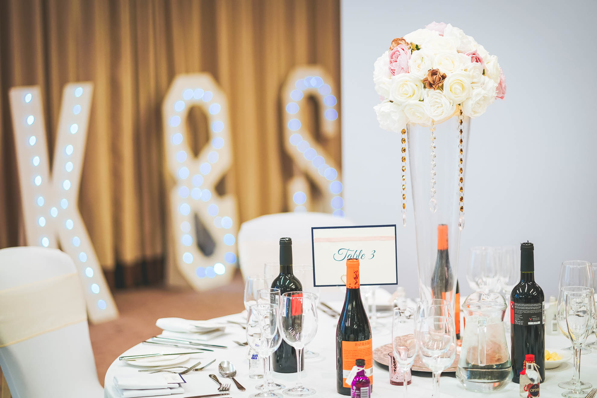 table decorations in wedding breakfast room