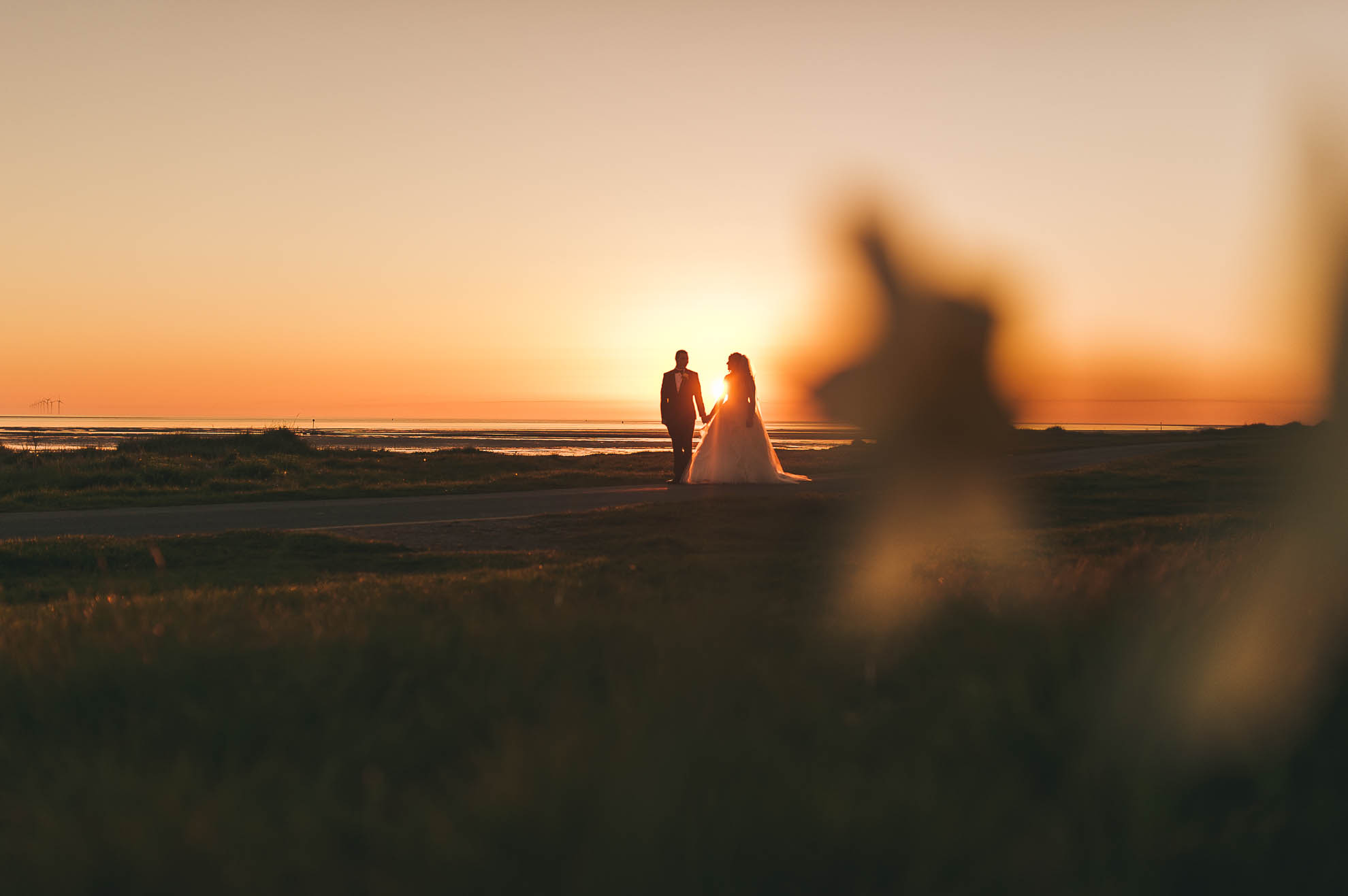 Bride and groom walking together