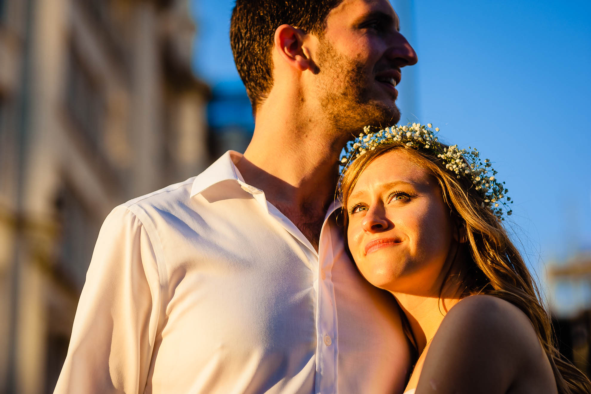 Bride and groom hug 