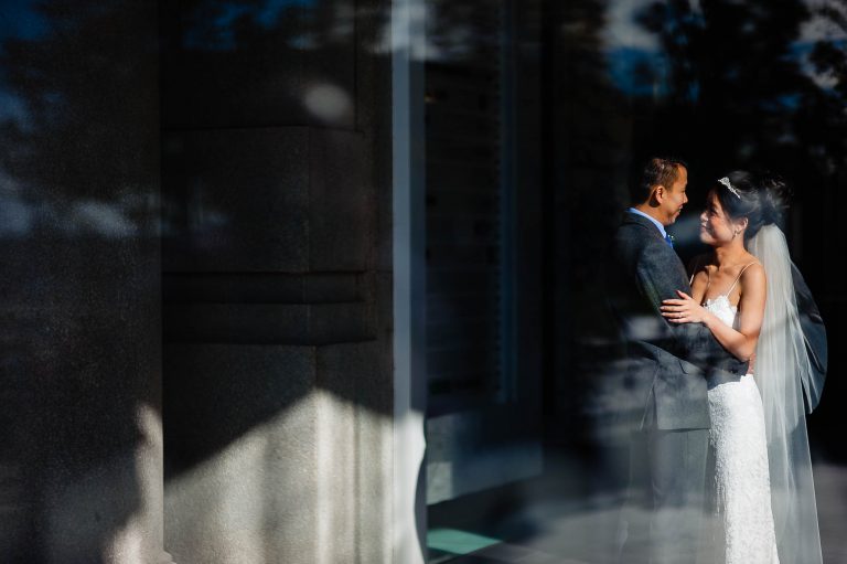 Bride and groom portrait in sunlight