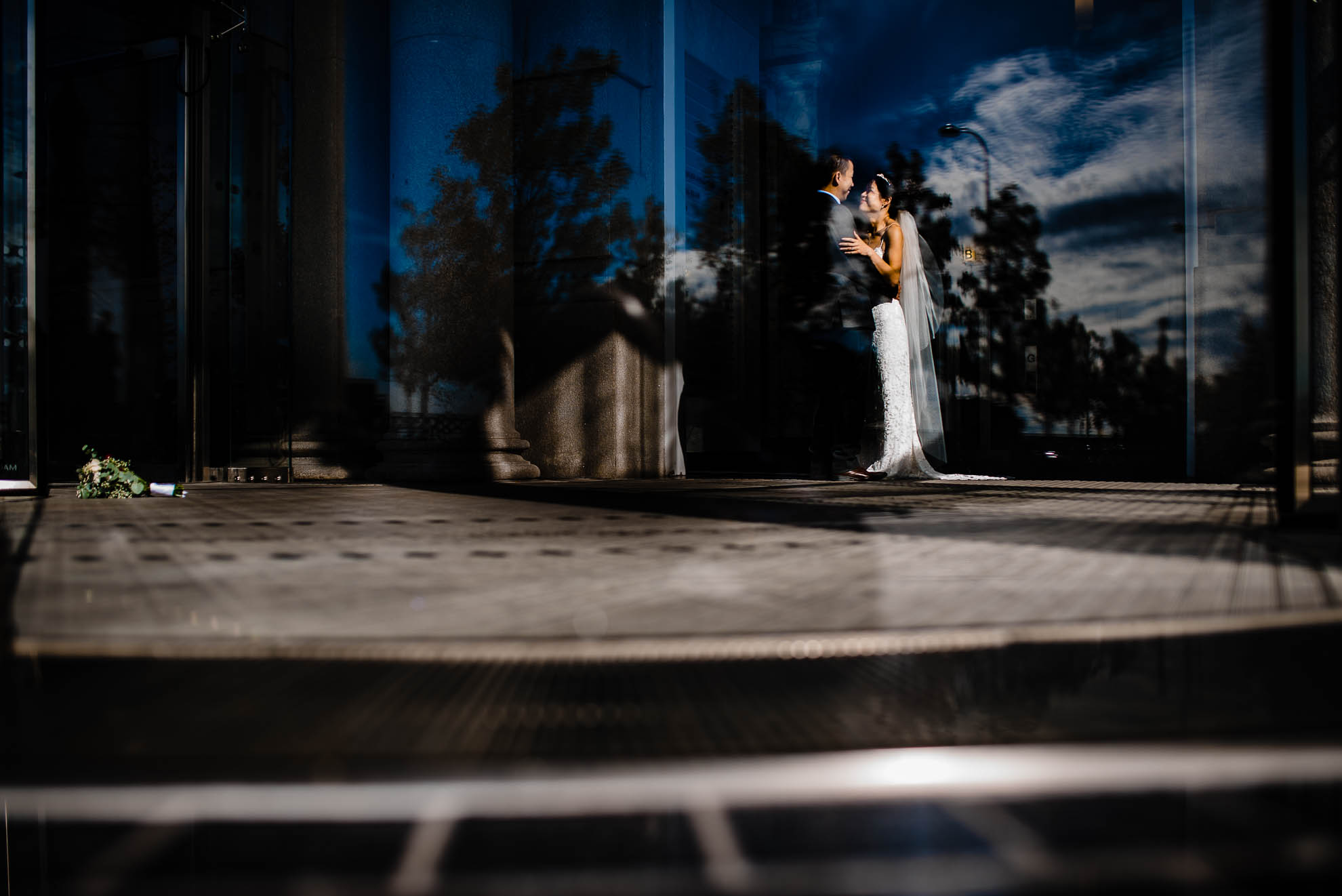 Bride and groom portrait in foyer of Liver building