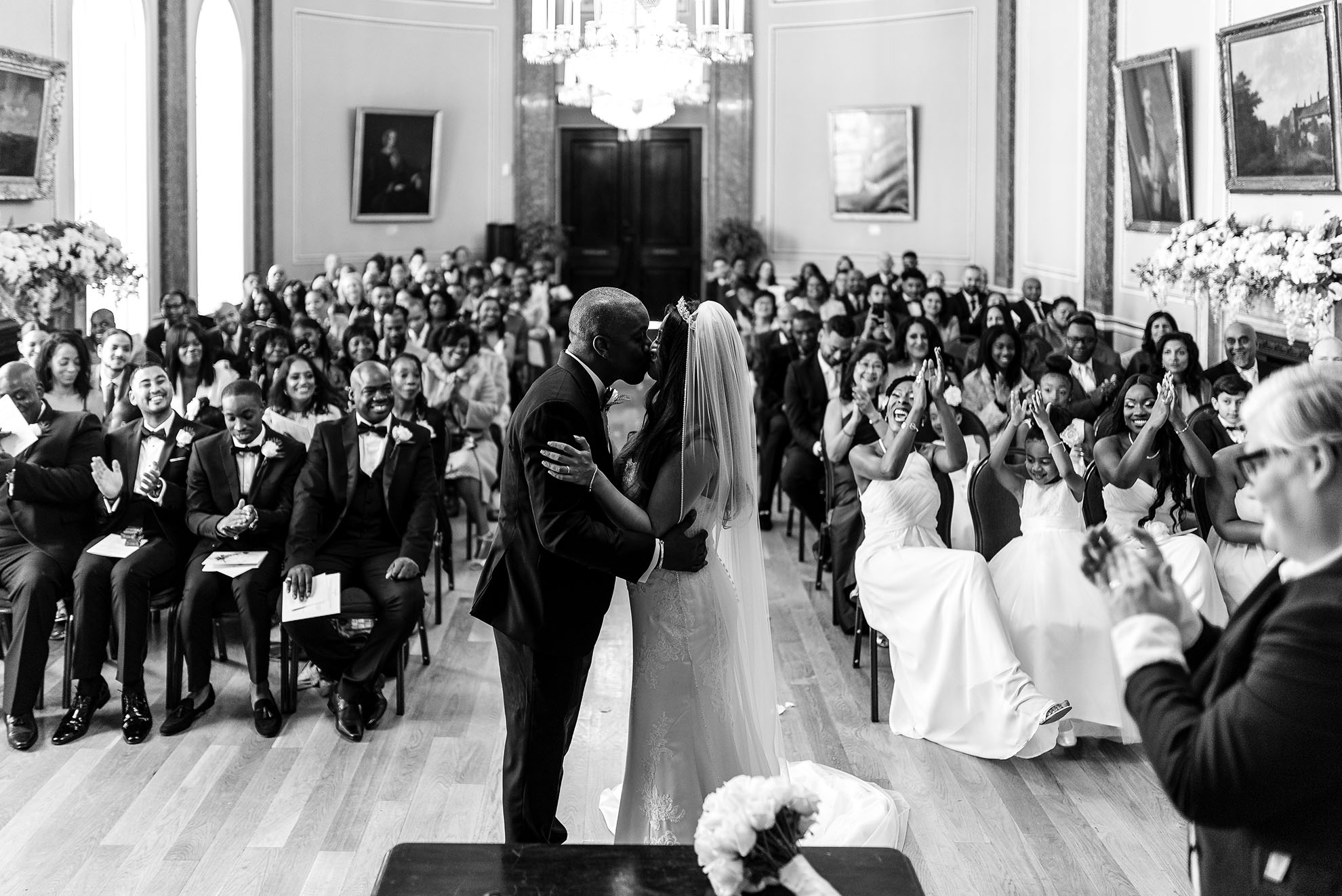 The bride and groom first kiss after the ceremony
