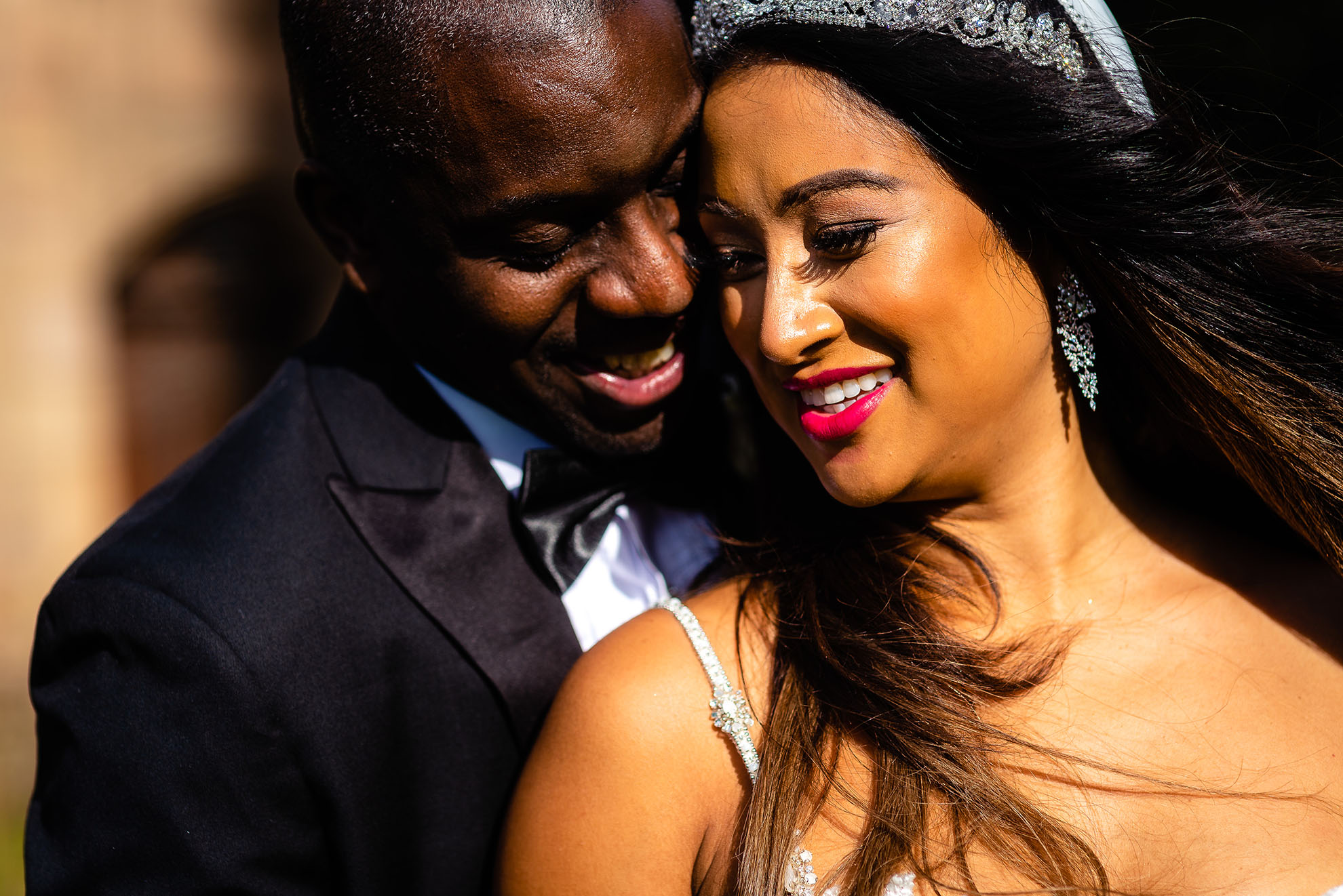 Bride and groom portrait in the sunshine