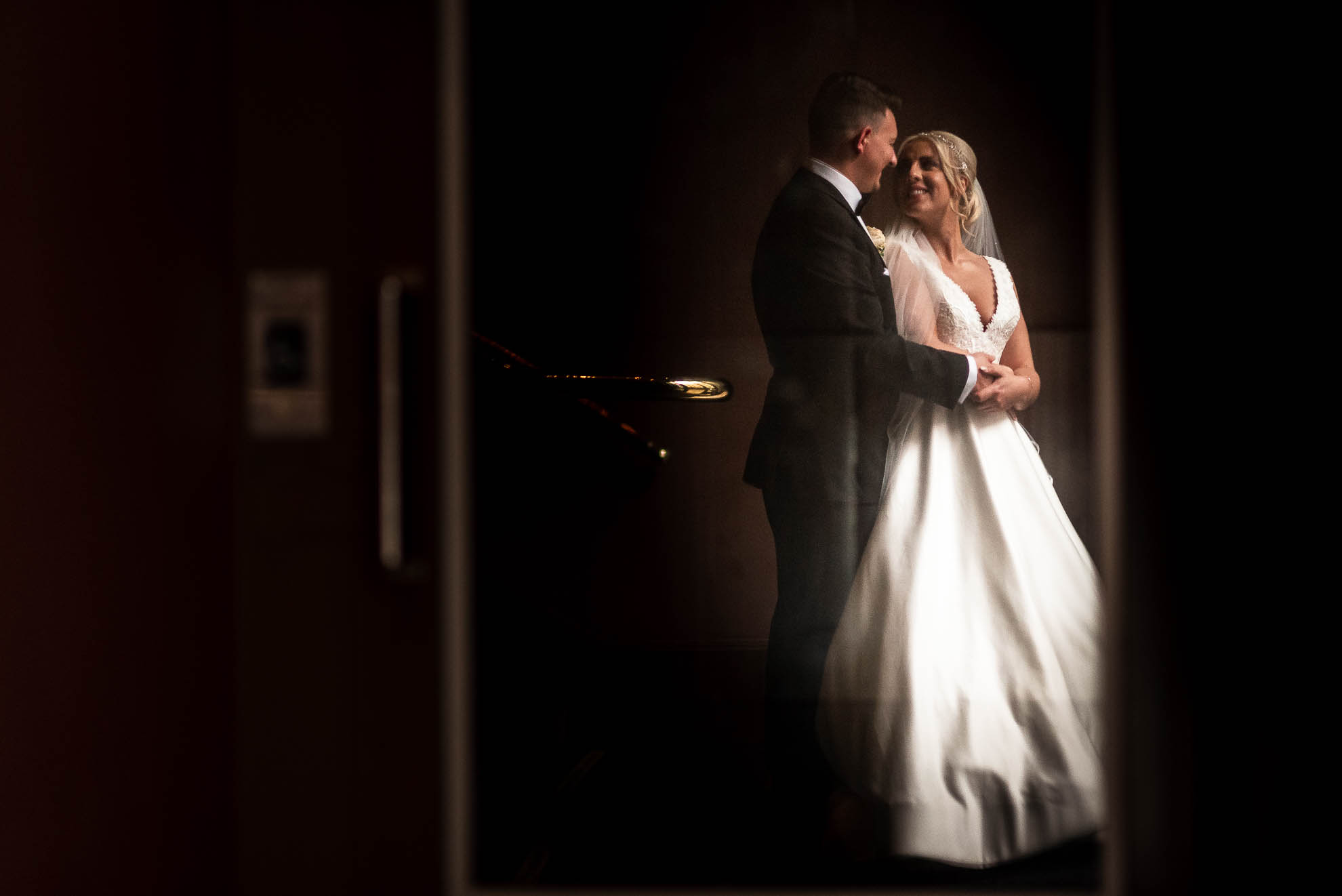 Bride and groom reflection in glass door
