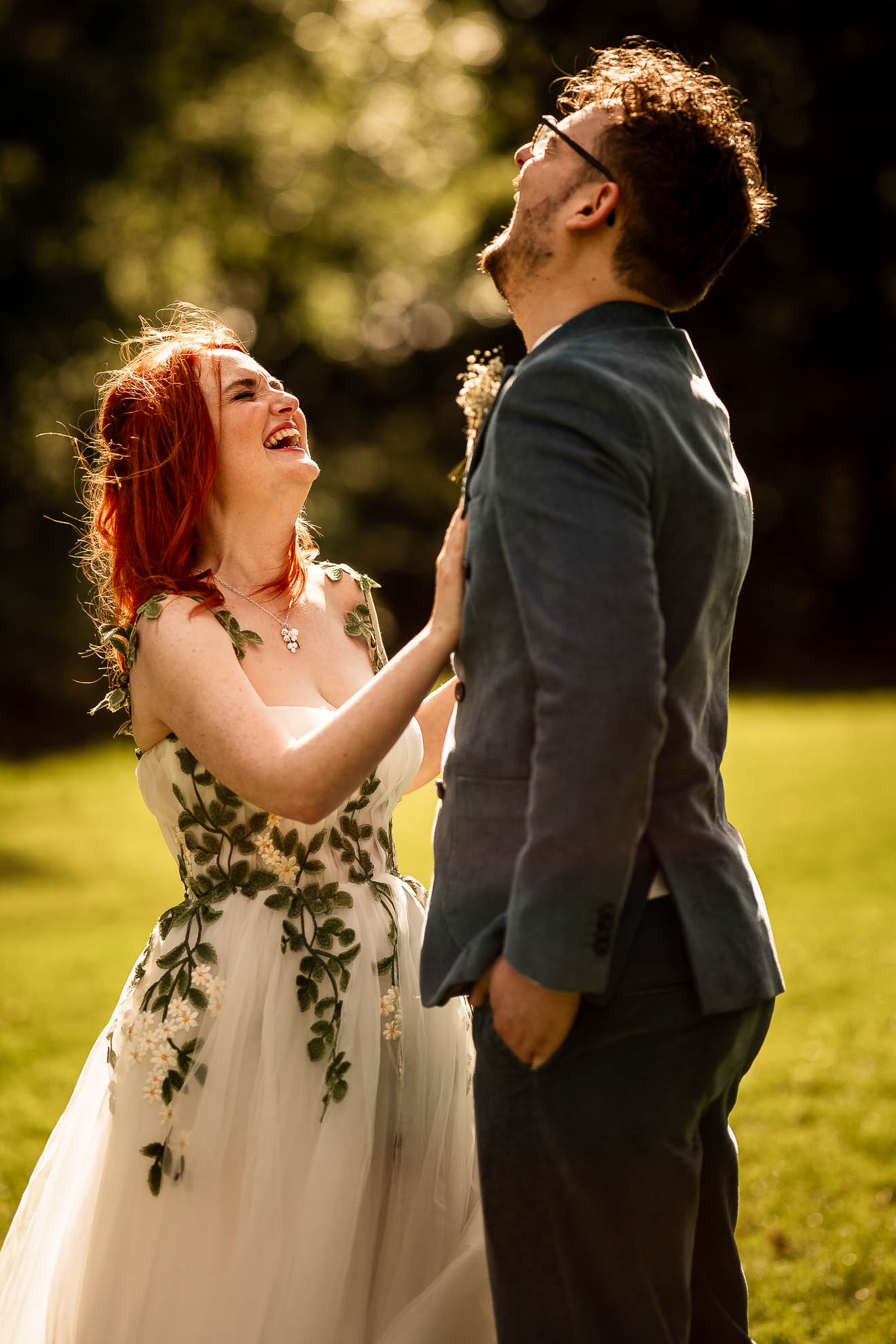 Newlyweds laugh during the portrait shoot