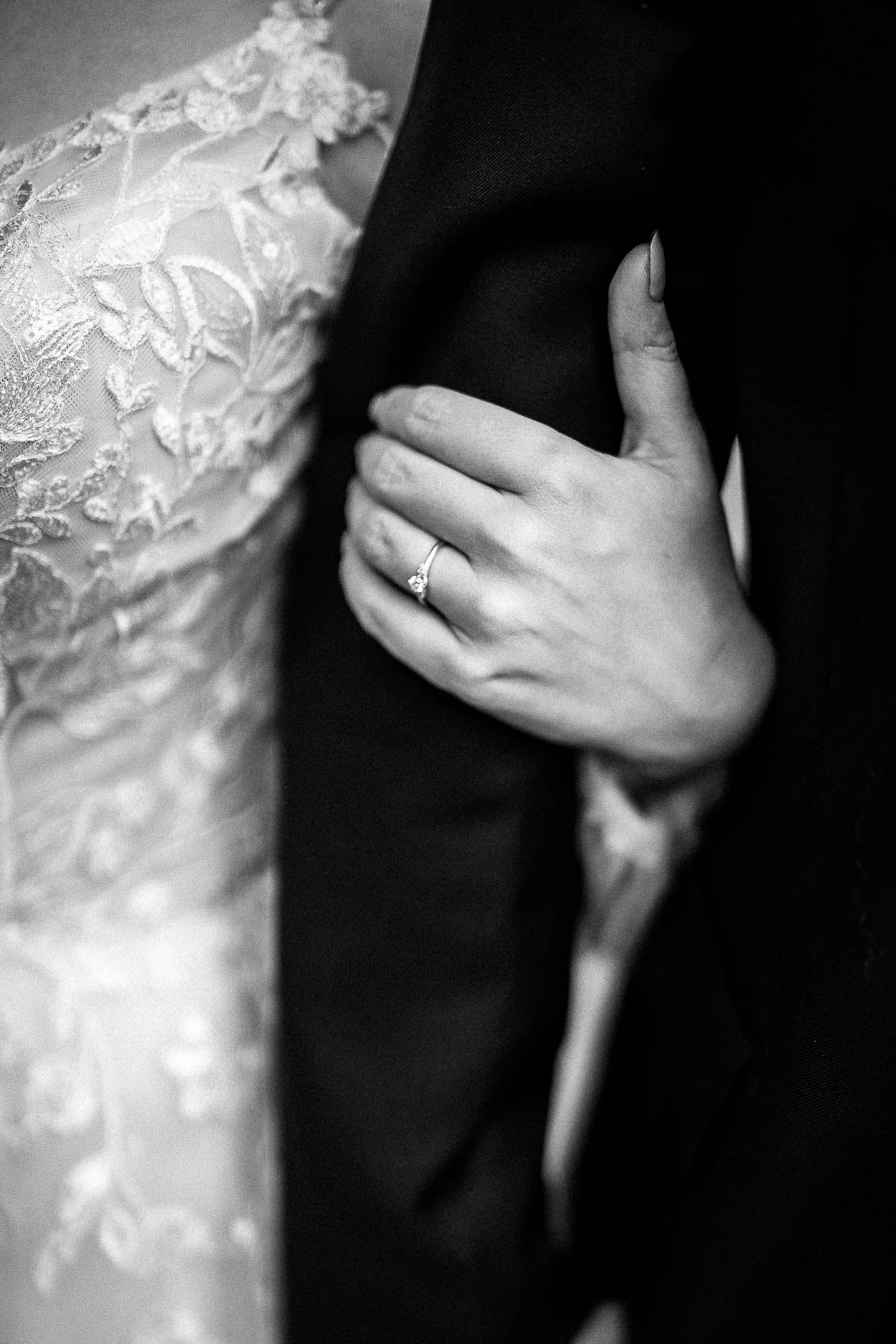 Close-up of bride’s engagement ring during Wonwood Barton wedding portraits