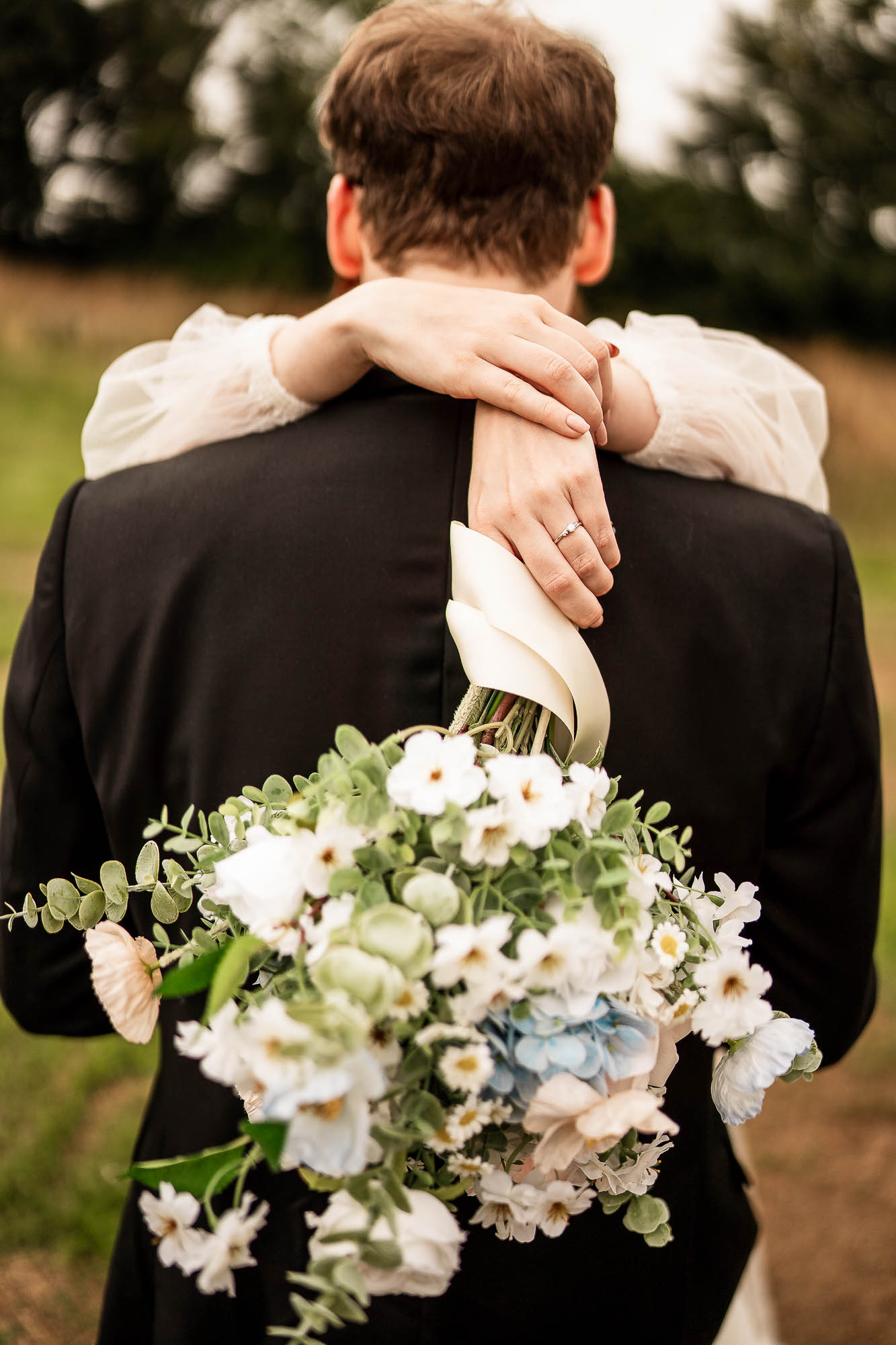 Close-up of bride’s engagement ring during Wonwood Barton wedding portraits