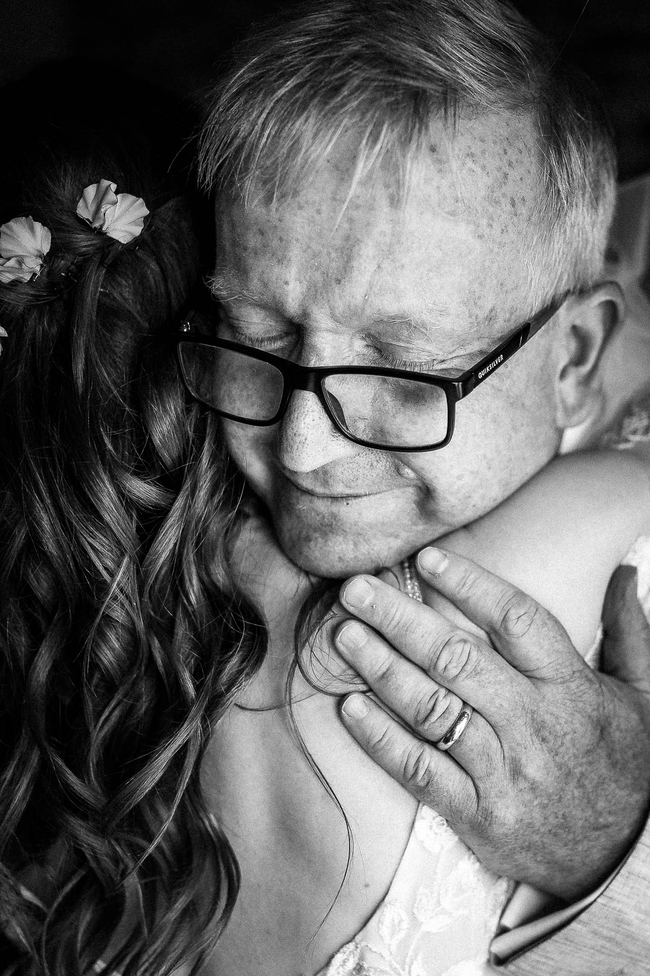 Father of the bride emotional embrace eith bride during morning preparations at Wonwood Barton