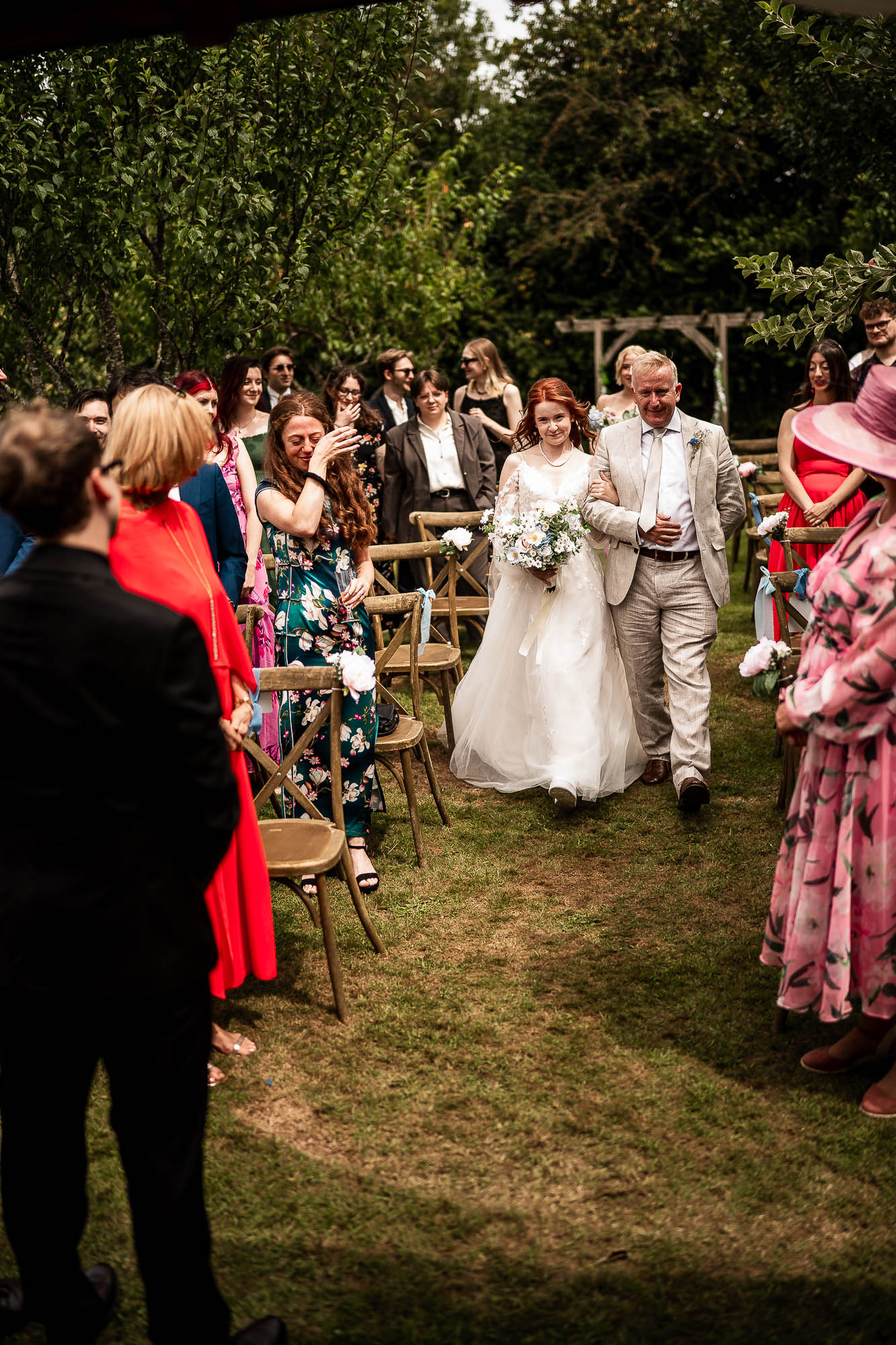 Bride walking down aisle with her father at Wonwood Barton wedding photographer Devon