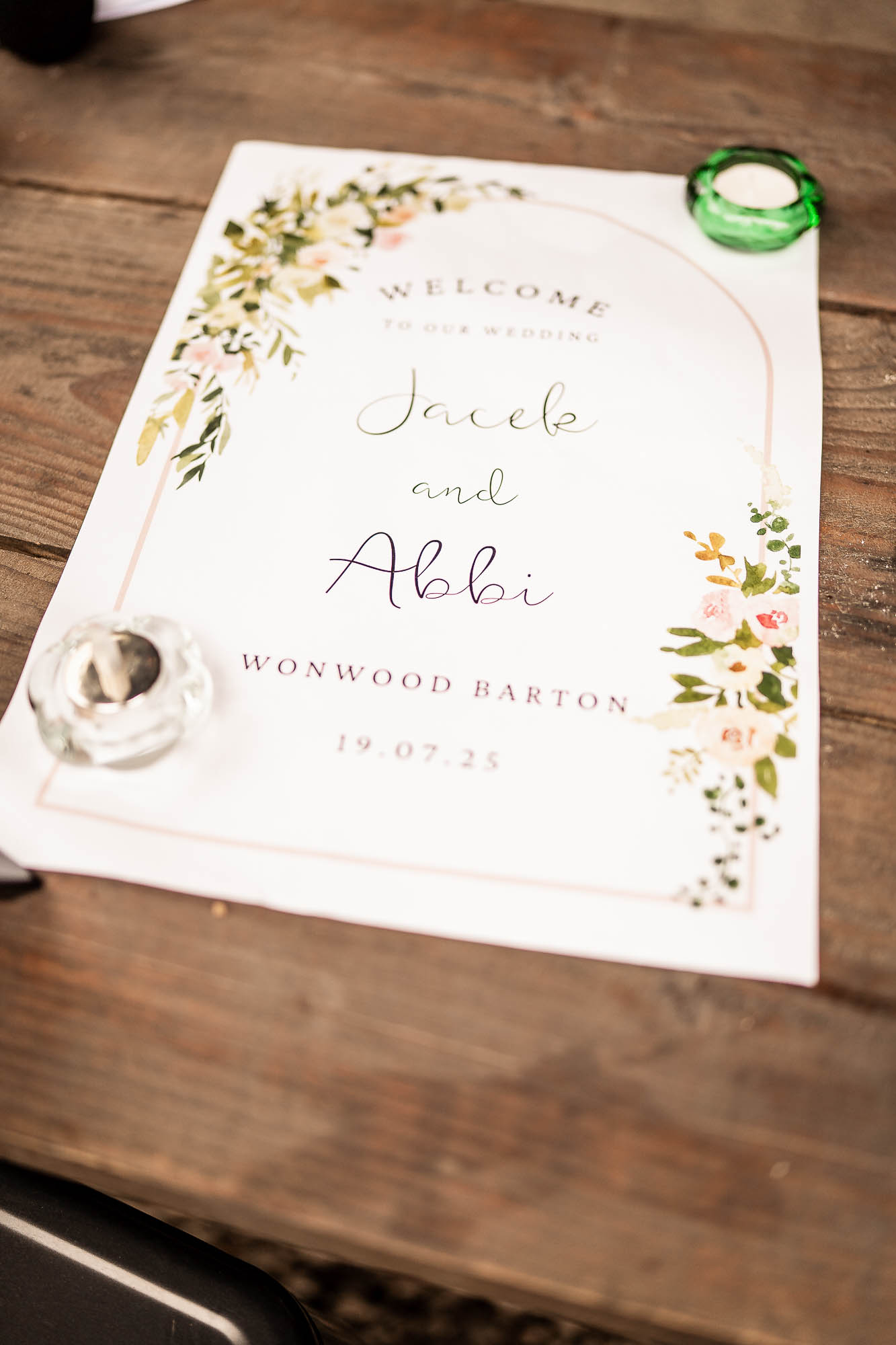 Wedding welcome sign for Jacek and Abbi at Wonwood Barton Devon